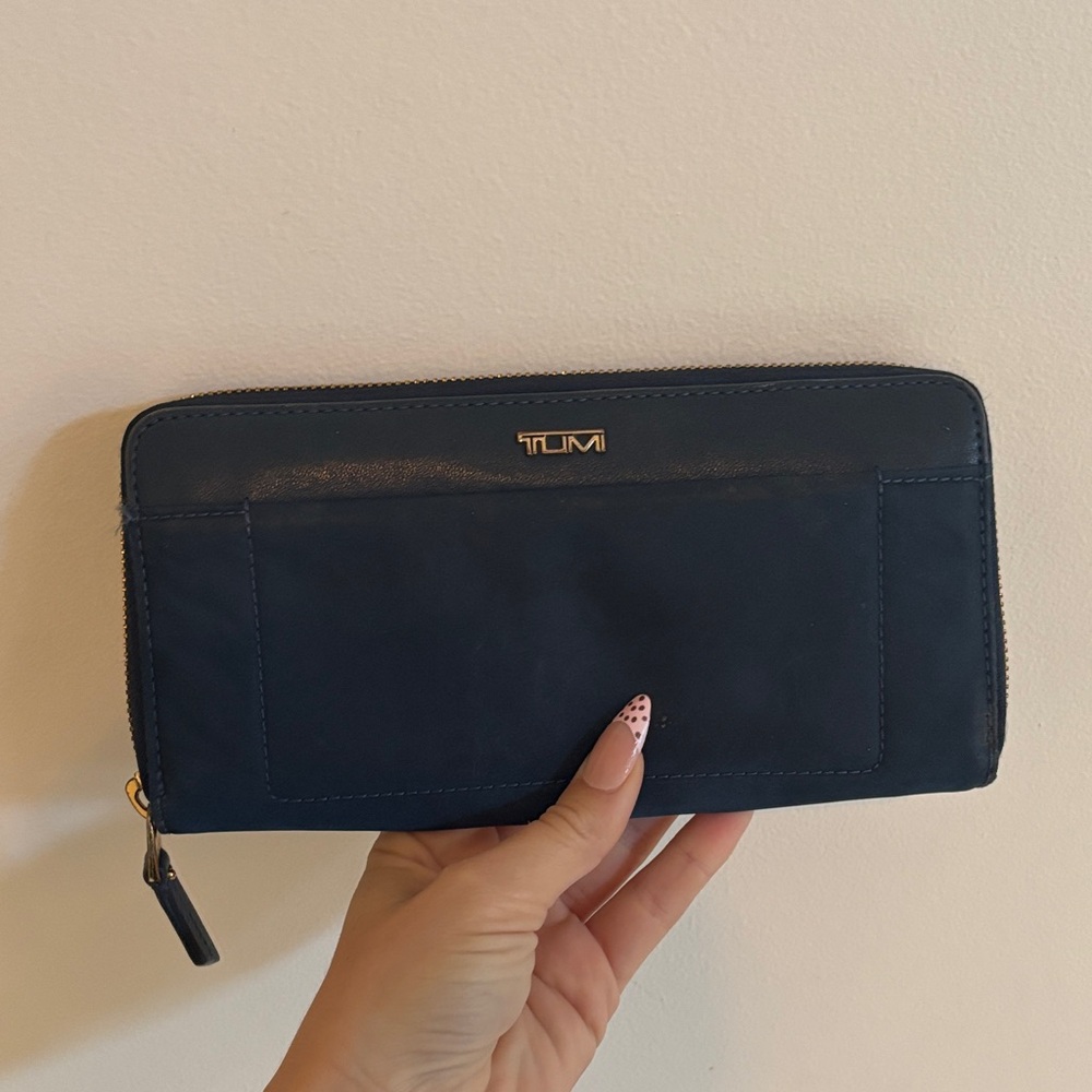 Tumi Navy Voyager Blue Zip Wallet with Gold Hardware